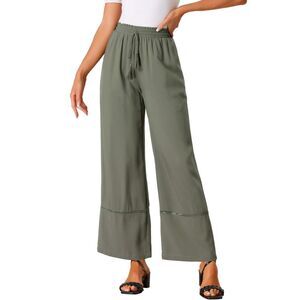 Loose High Waist Drawstring Wide Leg Palazzo Trousers with Pockets Army Green